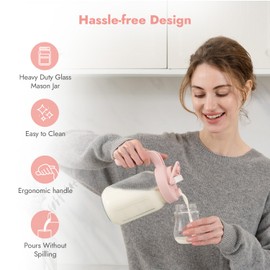 Papablic Glass Breastmilk Pitcher, Fast Baby Formula Maker with Mixing Handle Lid, Wide Mouth Mason Jar Breast Milk Storage Container with Flip-Lock Spout, BPA-Free, Pink