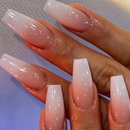 BABALAL Long Coffin Press on nails Shiny Fake Nails Nude Gradient Acrylic Nails with Design 24Pcs Ballerina Acrylic Nails Supplies Glossy Full Cover False Nails for Women Girls Artificial Nails Art