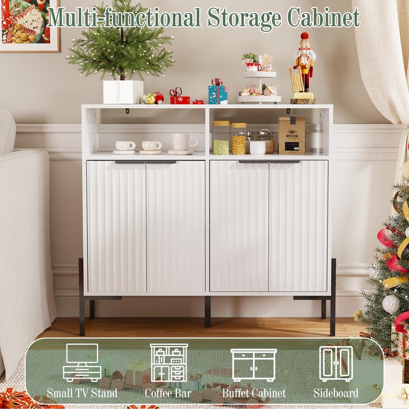 White Buffet Cabinet with Storage, Fluted Storage Cabinet with Doors