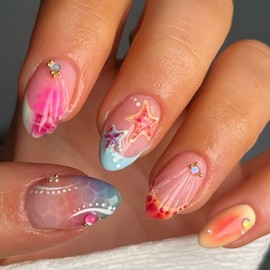 Viugex Pack of 30 Glue-On Nails, Short Almond, Pink Blue Starfish Press On Nails, French Artificial Nails, Natural Fingernails, Fake Nails, Acrylic Full Cover False Nails for Women