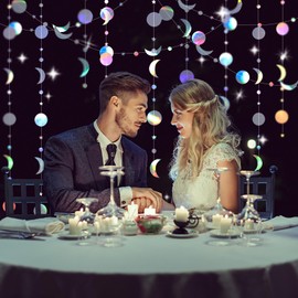 Plstod 52 ft Hanging Paper Garlands Decoration, Colourful Glitter Paper Circle Star Garland, 4 Pieces, 4 m Iridescent Star Moon Party Garland, for Birthdays, Carnival, Anniversaries, Weddings