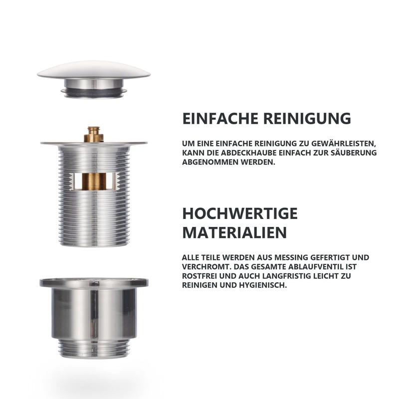 VILSTEIN Universal Drain Valve, Washbasin, Pop Up Valve with Overflow,