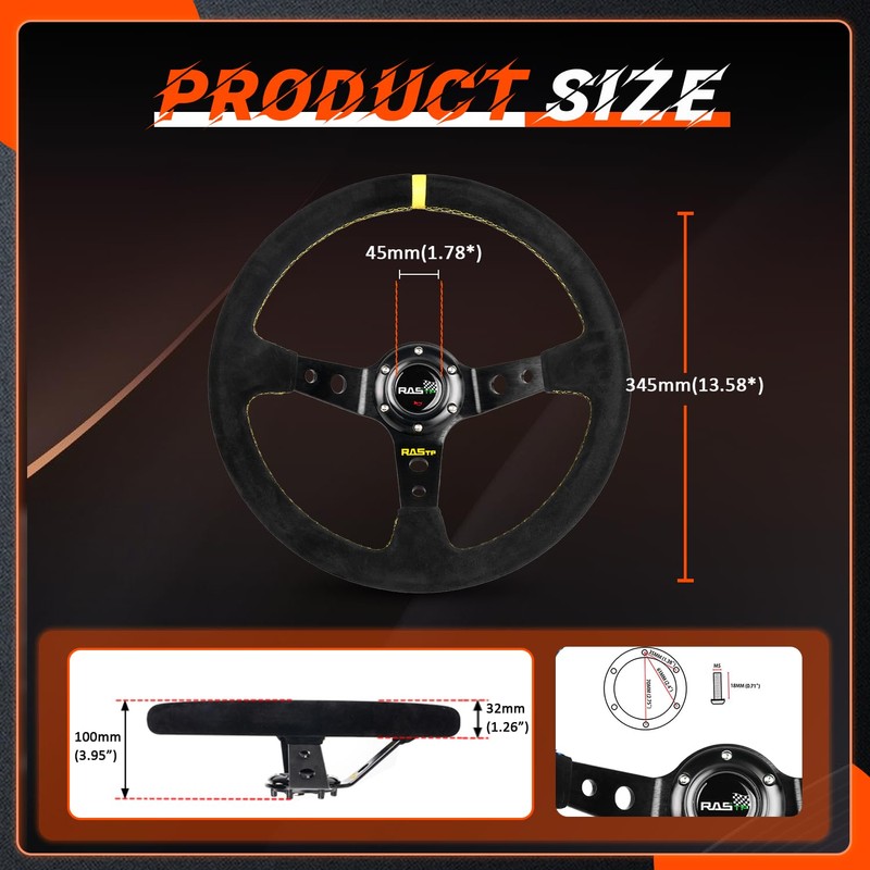 RASTP Universal Racing Steering Wheel Suede Deep Dish 13.58”/345mm 6