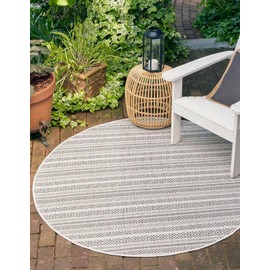 Unique Loom Outdoor Striped Collection Area Rug - Maia (10' Round, Beige/Ivory)