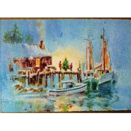 Vintage UNUSED Signed Ruben Alerio Christmas Card Xmas Tree on Boat Pier Dock