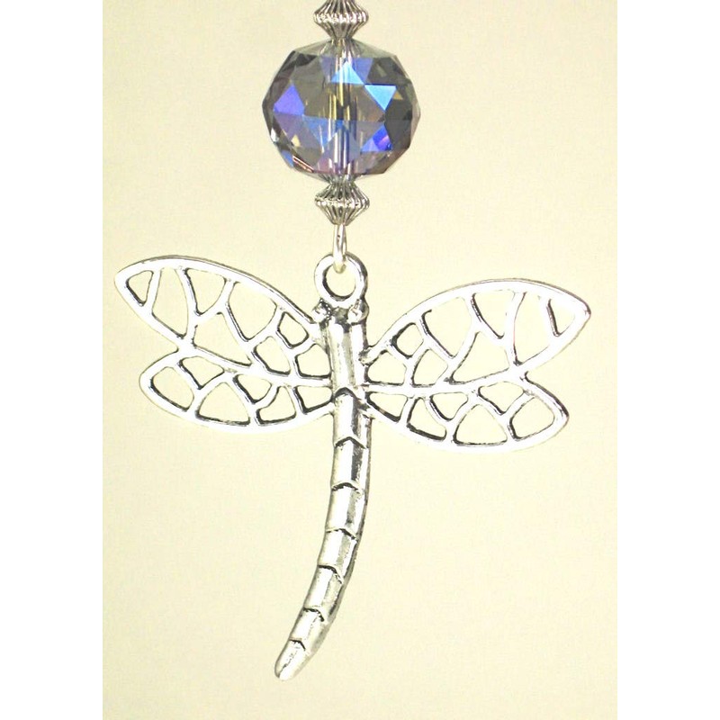 Large Silvery Metal Dragonfly and Faceted Pale Purple-Blue Glass Ceiling