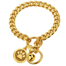 iDofas Gold Dog Collar 10mm Slip Collar Gold Cuban Link Dog Chain Collars Stainless Steel Heavy Duty Gold Collar for Dogs for Puppy Small Medium Large Dogs Includes Dog tag & Bell.(24")