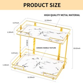 QTTCMY 2 Tier Bathroom Cabinet Countertop Organizer Perfume Lipstick Makeup Organizer Cosmetics Storage Display Rack Vanity Tray Metal Dresser Storage Shelf White Marble Ceramic Tray Golden