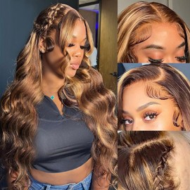 REMY FORTÉ Highlight Ombre Lace Front Wig Human Hair Pre Plcuked 13x4 Body Wave Lace Front Wigs 180% Density 4/27 Colored Honey Blonde HD Lace Frontal Wigs for Women Glueless Wigs Human Hair 26 Inch