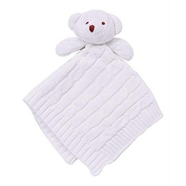 Newborn Baby Girl boy Toddler Cotton Cable Knit Security Blanket Crib Soothing Bear Head Gift Set (White)