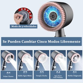 Cabezal de Ducha de Mano con Filtrado & Interruptor Pausa, 5 Modos Regadera de Telefono para Baño, Cabezal de Ducha de LLuvia Alta Presión con Cepillo de Masaje, Agua Regadera Fijas con Manguera 1.5m