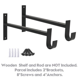 AddGrace Closet Rod Bracket Heavy Duty Shelf Brackets 10 Inch Black Wall Mounted Closet Rod Support with Pole Holder Industrial Iron Shelving Supports with Hook (2 Pack)