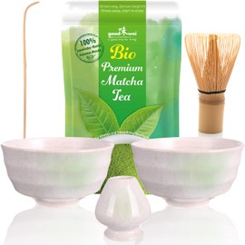 Goodwei Matcha Set Duo with Holder and 30 g Premium Organic Matcha Tea (Shiro), Ceramic, 2 x 180 ml