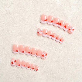 OHWODA Heart Press on Nails Short Square Fake Nails, Valentine’s Press on Nails with White French Tips Design Full Cover Red White Hearts Glue on Nails Glossy False Nails for Women Manicure DIY 24Pcs