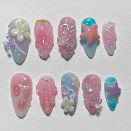 LBPEPAMZ 30Pcs Summer Press on Nails Medium Almond Fake Nails with 3D Flowers Starfish Seashell Butterfly Strawberry Design Pink Ombre Tropical Shell Full Cover Acrylic Glue on Nails for Women