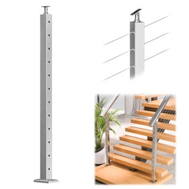 Muzata Stair Cable Railing Post 42 Inch for 25-35 Degrees Stair 42"x2"x2" Surface Mount Brushed T304 Stainless Steel Cable Railing System Kit Indoor Outdoor with Paper User Guide PS01 LA4L