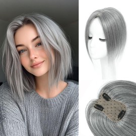 Hair Toppers for Women Real Human Hair， 360° 3D Cover Hair Topper Clip in Bangs 10 Inch Realistic Scalp Pieces for Women with Thinning Crown (Gray, Side Bangs)