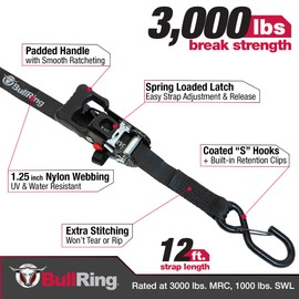 Bull Ring Sliding Ratchet Tie Down Straps – Includes (2) Heavy-Duty 1.25" x 12' Straps, 3,000lb Break Strength for UTV, Motorcycle, Car, Truck, Trailer (2 Pack)