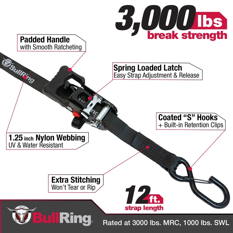 Bull Ring Sliding Ratchet Tie Down Straps – Includes (2)