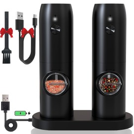 Electric Salt and Pepper Grinder Set - USB Rechargeable,LED Light,Adjustable Coarseness,TEITOP Automatic Pepper and Salt Mill Grinder Set with Charging Base(Black 2 Mills)