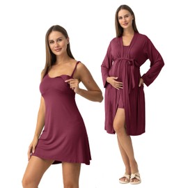 SUNNYBUY Women's Nursing Nightgown Maternity Robe Set, 3 in 1 Labor Delivery Breastfeeding Dress Postpartum Sleepwear, Burgundy M