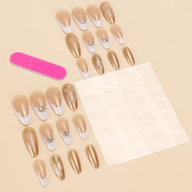 Short Almond Press on Nails White French Tip Fake Nails with Chrome Gold Lines Starlight Designs Glossy Artificial False Nails Full Cover Stick on Nails for Women Girls Acrylic Manicure Salon 24 Pcs