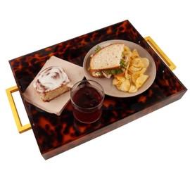 Acrylic Serving Tray with Gold Handles, 16" x 12" Decorative Tray for Coffee Table, Spill-Proof Food and Drink Server. Multipurpose for Ottoman, Kitchen, Vanity, Countertop, Party Use (Tortoise Shell)