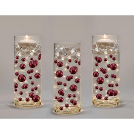 200 Floating Burgundy Pearls with Matching Sparkling Gems-Large Sizes-Fills 16 Medium Size Vases of The Floating Transparent Gels-Measured Gels Prep Bags-12 White Submersible Fairy Lights