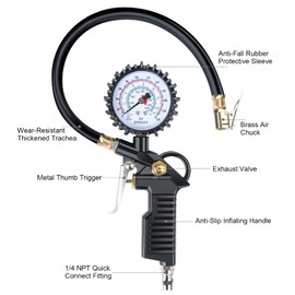 VSSHE Tyre Pressure Gauge, 220 PSI Tyre Inflator, With Rubber Hose, Valve Core Tool, Compressor Accessories, Adapter, Suitable for Compressor Car Motorcycle Bicycle Truck