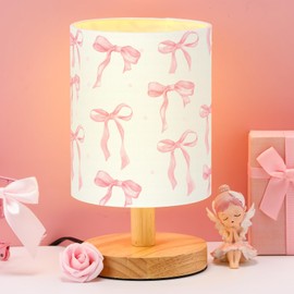 VIHOSE Coquette Bow Table Lamp for Bedroom Kids Bedside Lamp with Linen Wooden Nightstand Lamp Cartoon Nursery Lampshade for Girls Boys Living Room