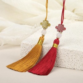 YKAFADE Pack of 10 Tassel Pendants, 15 cm Mini Tassels, Handmade Silky Tassel Key Chain with Beads, Chinese Tassel for DIY Projects, Bookmark Bag, Jewellery, Crafts, Beige, White