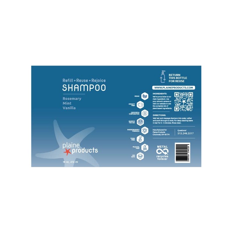 Plaine Products Eco-Friendly Shampoo - Rosemary, Mint, Vanilla - Sulfate