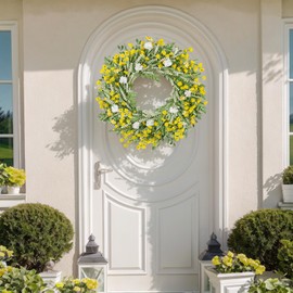26" Spring Wreaths for Front Door Artificial Floral Wreath with Wildflowers Portulaca CHEAWRTZ Summer Easter Decorations for Indoor Outdoor Window Wall Farmhouse Porch Home Decor Yellow and White