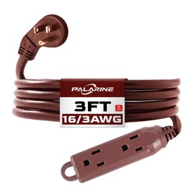 PALARINE Indoor Extension Cord Power Strip 3 Outlets Flat Plug, UL Listed, 16 Gauge 3 ft Brown 3 Prong Heavy Duty, 16/3 SJTW 13A Outlet Extender