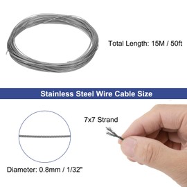 uxcell 1/32" (0.8mm) 304 Stainless Steel Cable Wire Rope 7 x 7 Strands Core 50ft (15m) PVC Coated Aircraft Wire for Construction Outdoors Marine Rigging Decking Railings