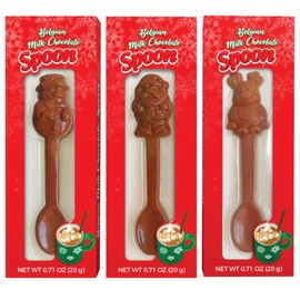 Belgian Milk Chocolate Hot Cocoa Stirring Spoons Assorted Holiday Characters, Christmas Stocking Stuffers for Kids, Pack of 3