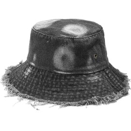 Initlove Washed Cotton Denim Bucket Hat for Women and Men Packable Outdoor Sun Hat Circle Black