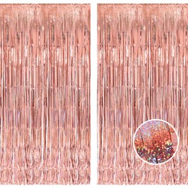 BRAVESHINE Pack of 2 Tinsel Curtain Rose Gold Foil Fringe Curtains 1 x 2.5 m Glitter Party Curtain for Birthday Decoration Hen Night Women Valentine's Day Mother's Day Engagement Party Decoration
