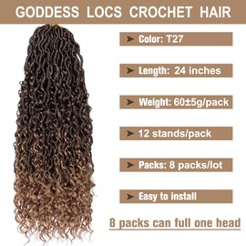 COOKOO 24 Inch Curly Goddess Locs Crochet Hair 8 PCS Boho Faux Locs Crochet Hair Pre-looped Bohemian Locs Crochet Hair for Black Women Ombre Blonde Soft River Locs Crochet Braids Hair Extentions T27