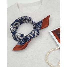 MayTree 100% Mulberry Silk Scarf, Colourful Scarf for Women, Square Paisley with Edge 53 x 53 cm, dark blue white