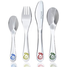 Koru Kids® Smiley children's cutlery, 4-piece set, made of stainless steel, learning to eat cutlery, dishwasher safe, children's cutlery. For children aged 3 and over.