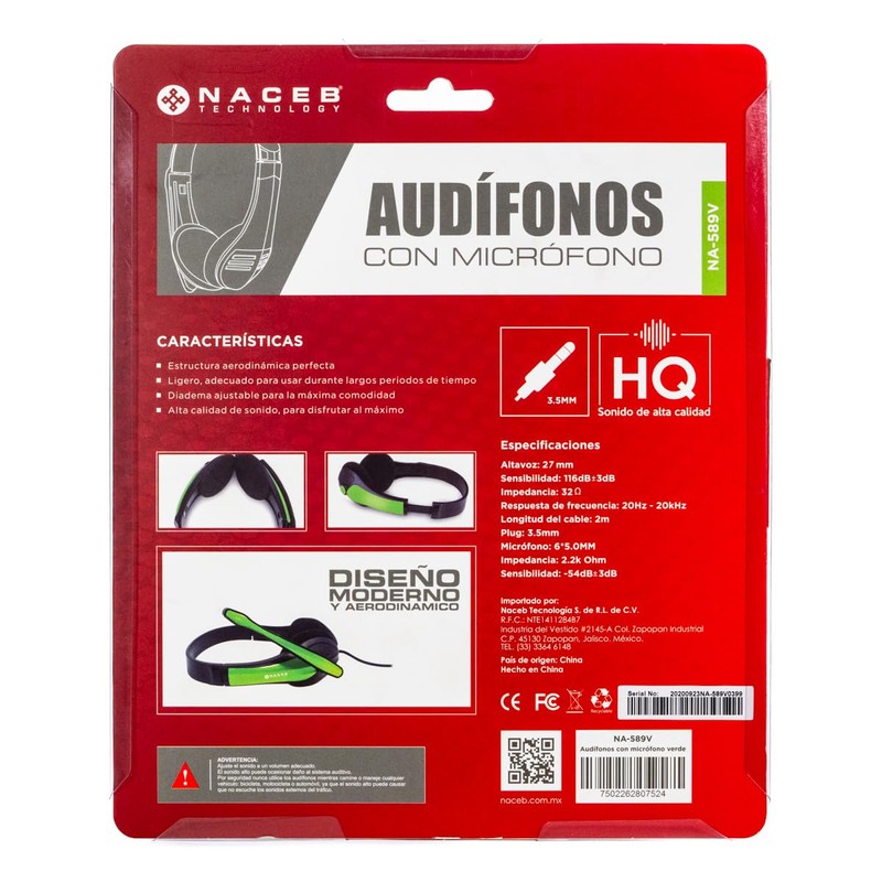 NACEB AUDIFONO HD C/MICROFONO OMNIDIRECCIONAL Verde NA-589VE
