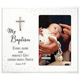 Malden International Designs 4x6 My Baptism Sentiment Picture Frame White MDF Wood Silver Finish Cross Attachment My Baptism