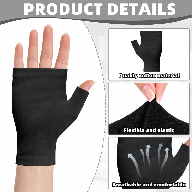 6Pcs Black Cotton Fingerless Gloves, Reusable Eczema Gloves, Moisturizing Gloves
