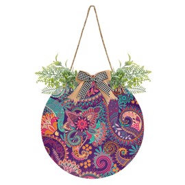 Oyihfvs Traditional Indian Paisley Floral Seamless Door Hanging Sign, 12" Merry Christmas Front Plaque Board Round Wreath for Daily Holiday Welcome Home Garden Yard Wall Pediments