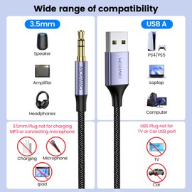 MOSWAG USB to 3.5mm TRS Audio Jack Adapter, USB Male to 3.5mm AUX Stereo Audio Cable, Nylon Braided AUX Converter for PC, Laptop, Windows, Mac OSX, Headphones（Does not Support Car, Mic and Charging）