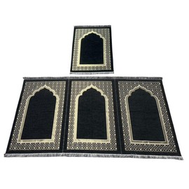 Modefa Turkish Islamic Prayer Rug - Multiperson Prayer with Imam Spot, Janamaz Sajada for Family or & Group Praying Mat - Chenille Embroidered Selcuk Star Islamic Pattern (4 Person) (Black)