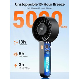 Warmco Portable Handheld Turbo Fan 5000mAh Rechargeable Mini Fan, 4 Speed LED Display Desk Fan for Travel Makeup Office and Summer