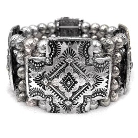 Textured Western Native Navajo Metal Cross Bead Chunky Stretch Bracelet (Silver)