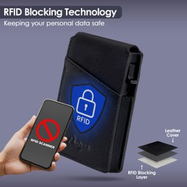 Onrique RFID Blocking Wallet for Men, Minimalist, Slim, Pop Up Card Holder 10 cards, ID Window, Genuine Bifold Leather Wallet, Smart Metal Wallet, Gifts For Men